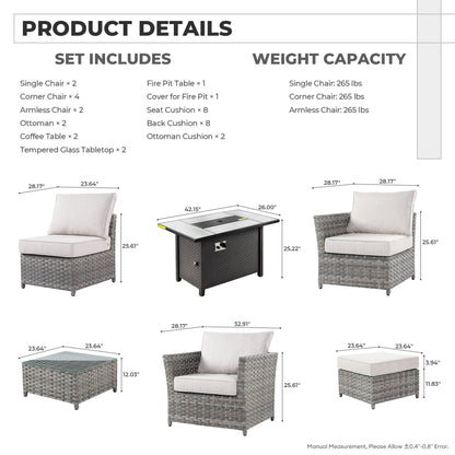 Set di mobili da esterno in vimini da 13 pezzi XIZZI con tavolo da fuoco