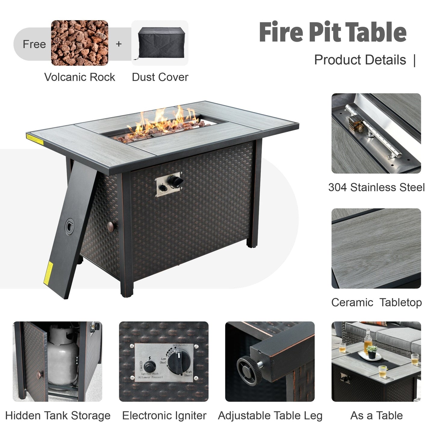 Set di mobili da esterno in vimini da 13 pezzi XIZZI con tavolo da fuoco