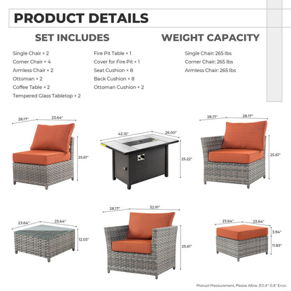Set di mobili da esterno in vimini da 13 pezzi XIZZI con tavolo da fuoco