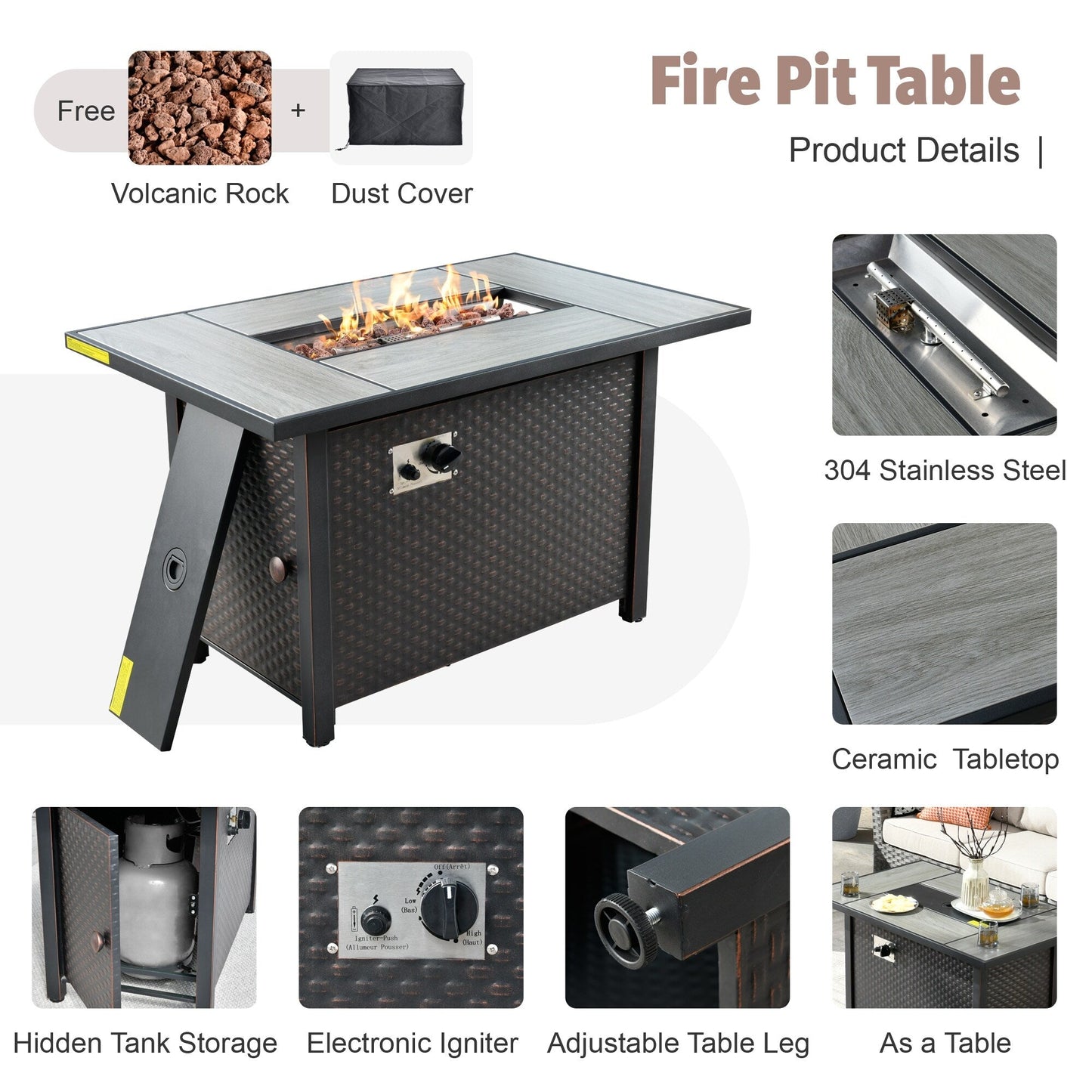 Set di mobili da esterno in vimini da 13 pezzi XIZZI con tavolo da fuoco