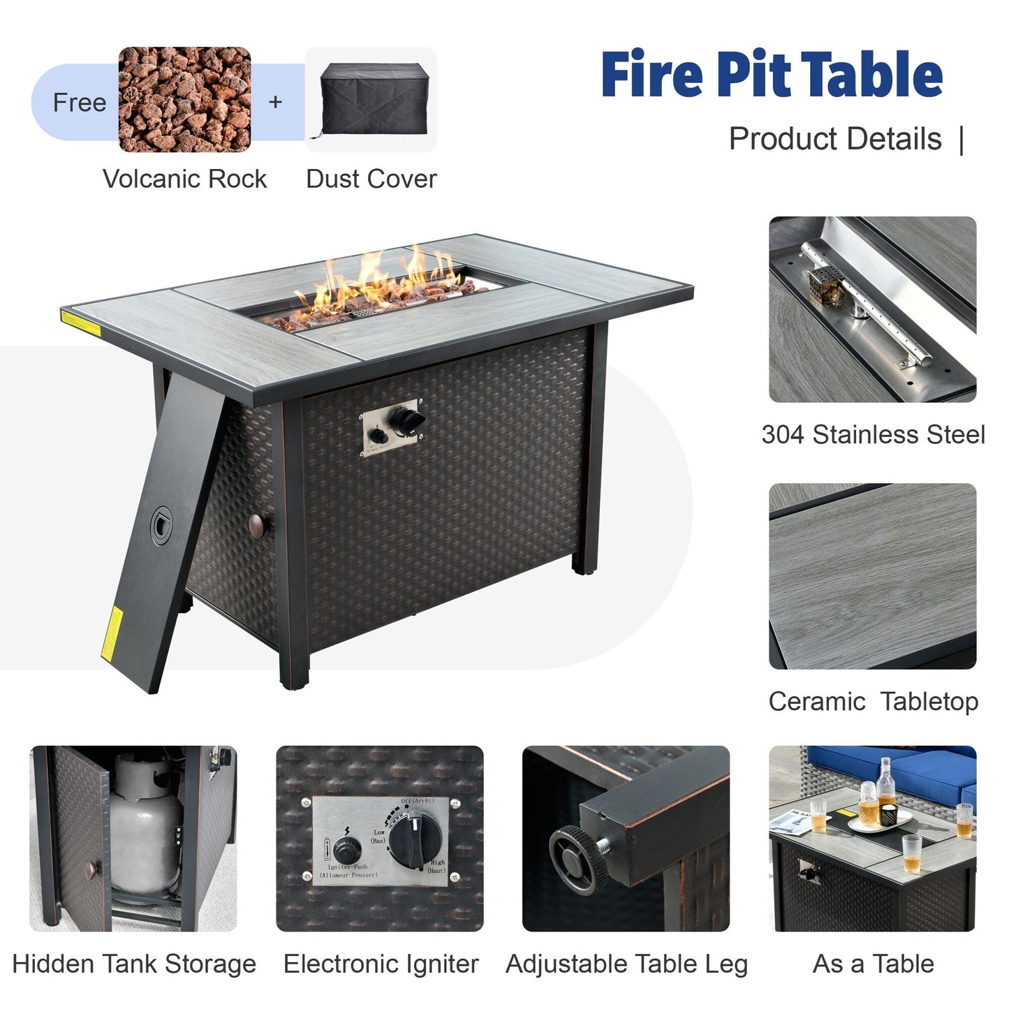 Set di mobili da esterno in vimini da 13 pezzi XIZZI con tavolo da fuoco