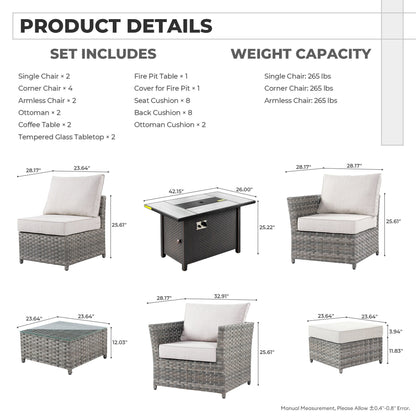 Set di mobili da esterno in vimini da 13 pezzi XIZZI con tavolo da fuoco
