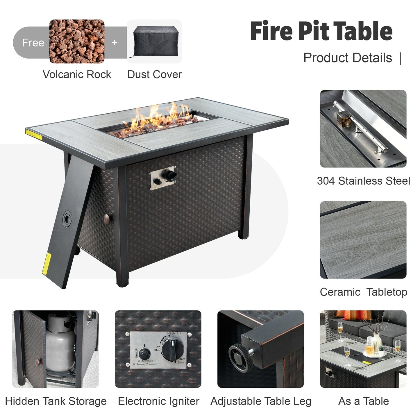 Set di mobili da esterno in vimini da 13 pezzi XIZZI con tavolo da fuoco