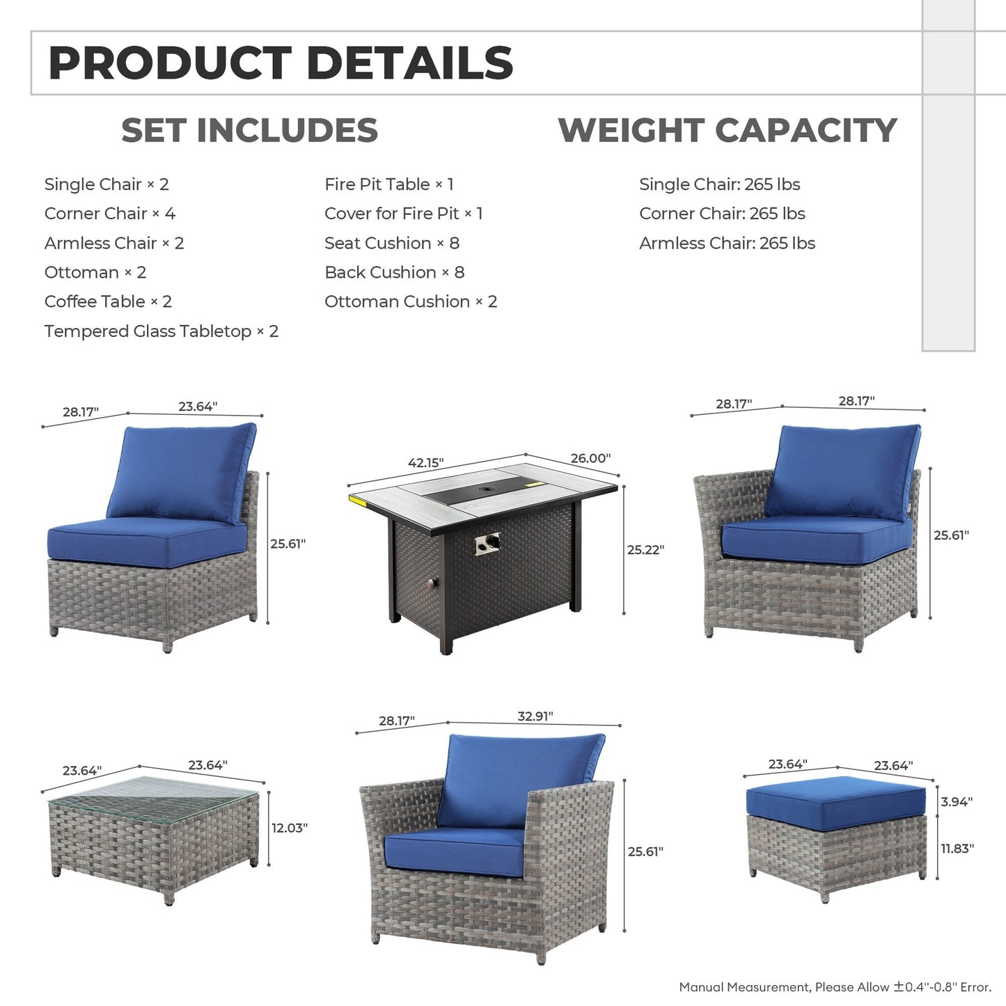 Set di mobili da esterno in vimini da 13 pezzi XIZZI con tavolo da fuoco