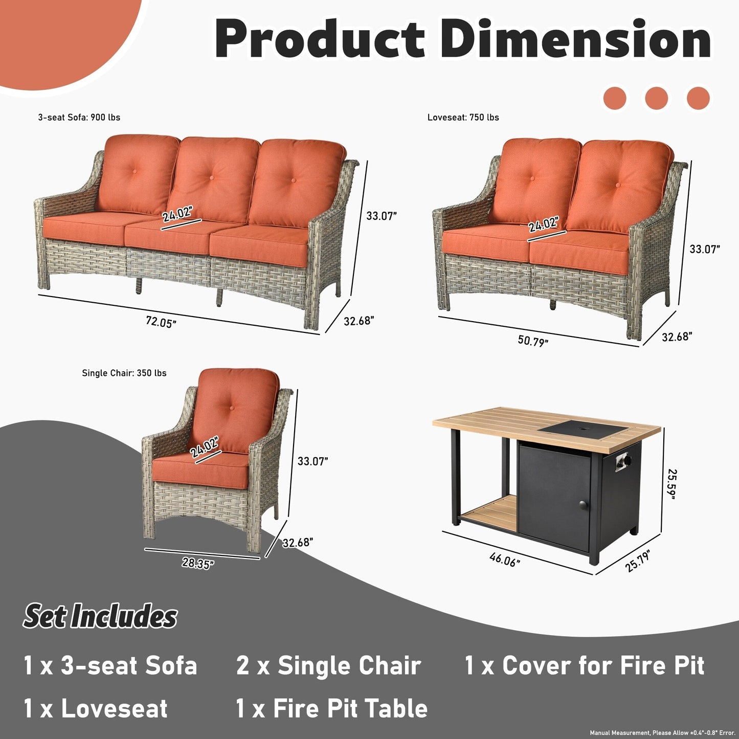 XIZZI Set di 5 divani da esterno in vimini con schienale alto e braciere per mobili da giardino