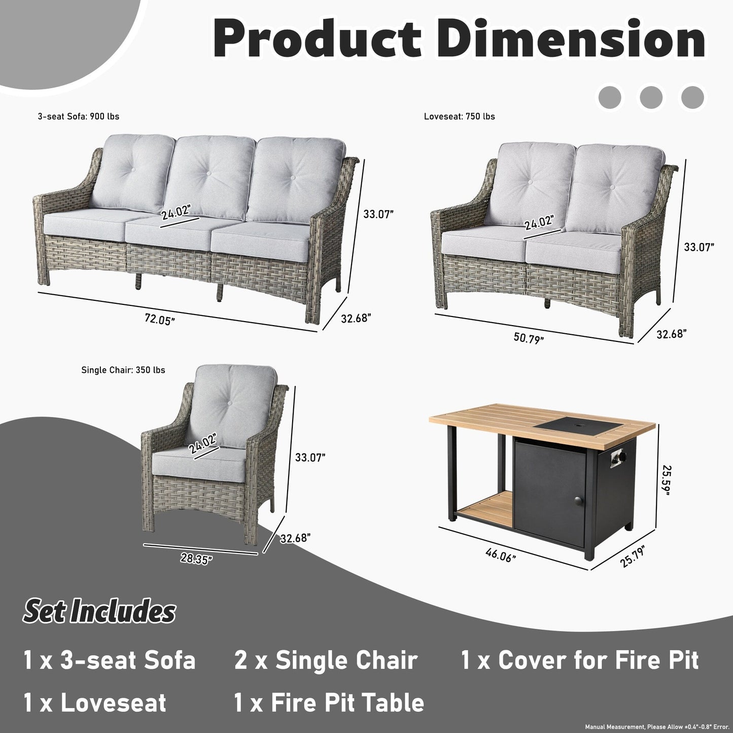 XIZZI Set di 5 divani da esterno in vimini con schienale alto e braciere per mobili da giardino