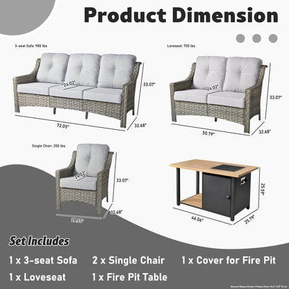 XIZZI Set di 5 divani da esterno in vimini con schienale alto e braciere per mobili da giardino