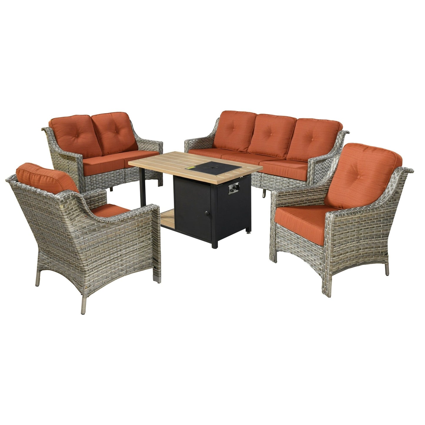 XIZZI Set di 5 divani da esterno in vimini con schienale alto e braciere per mobili da giardino