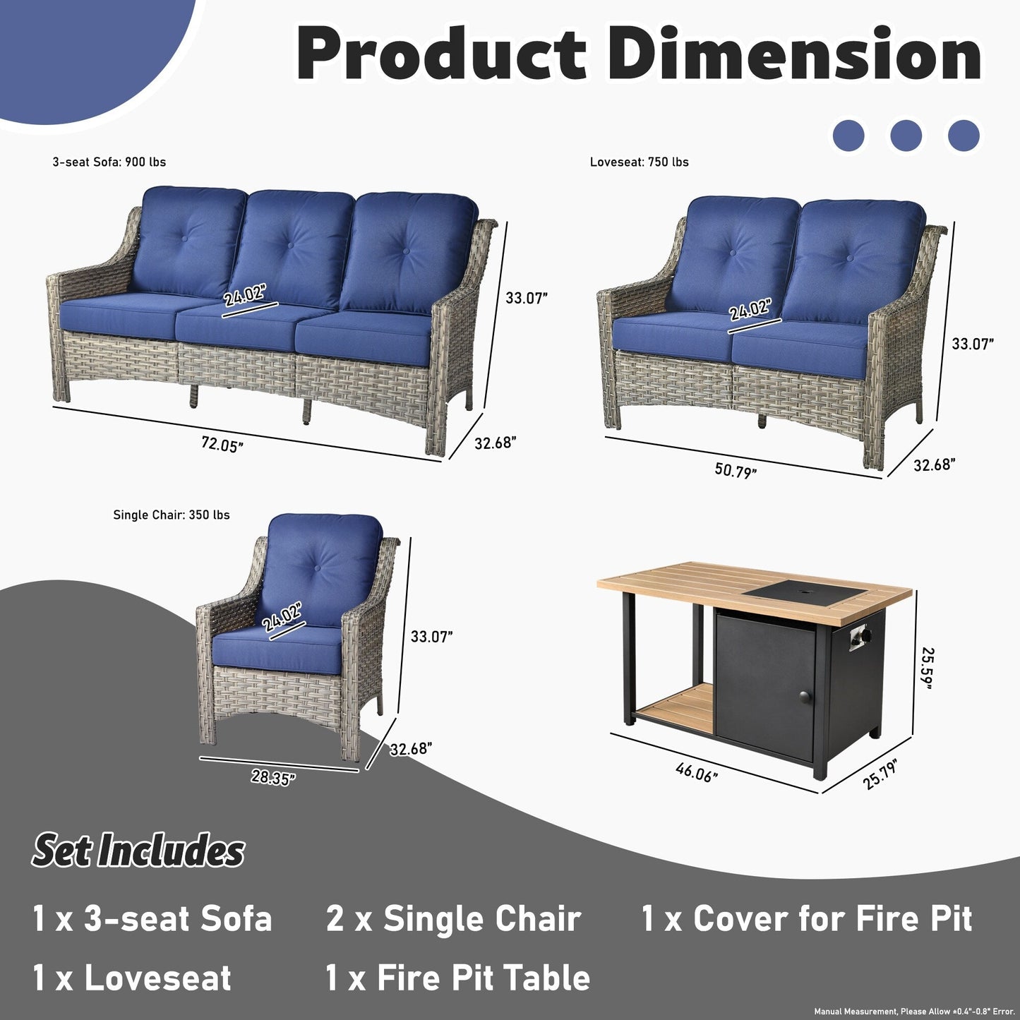 XIZZI Set di 5 divani da esterno in vimini con schienale alto e braciere per mobili da giardino