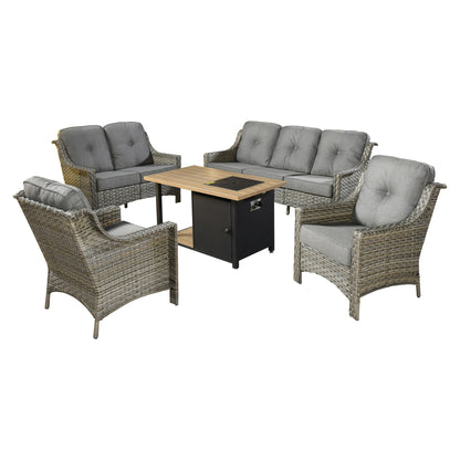 XIZZI Set di 5 divani da esterno in vimini con schienale alto e braciere per mobili da giardino