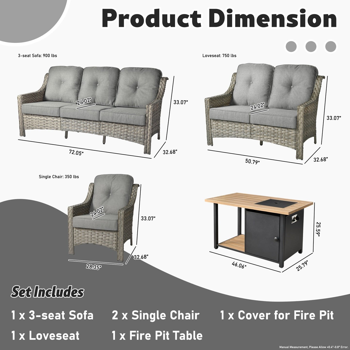 XIZZI Set di 5 divani da esterno in vimini con schienale alto e braciere per mobili da giardino