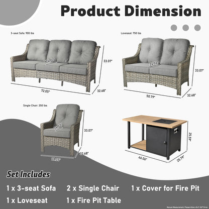 XIZZI Set di 5 divani da esterno in vimini con schienale alto e braciere per mobili da giardino