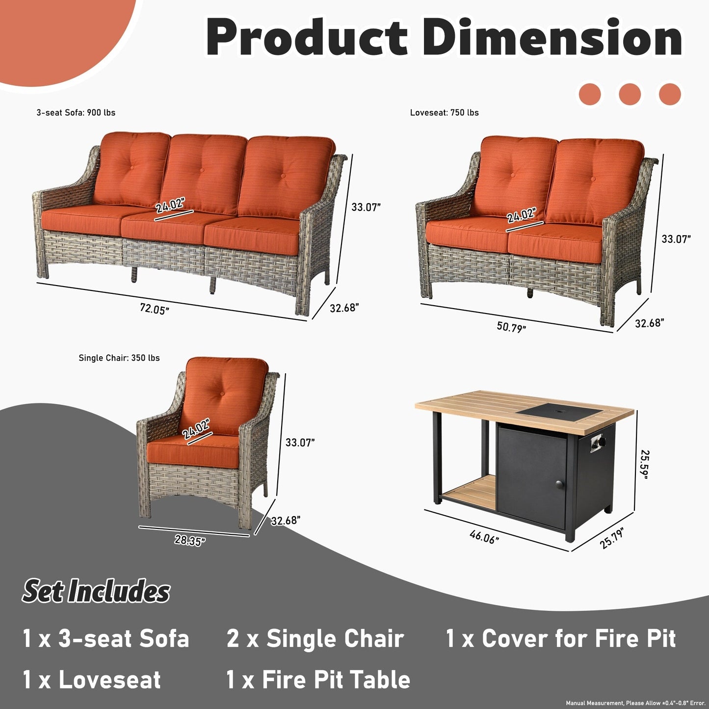 XIZZI Set di 5 divani da esterno in vimini con schienale alto e braciere per mobili da giardino