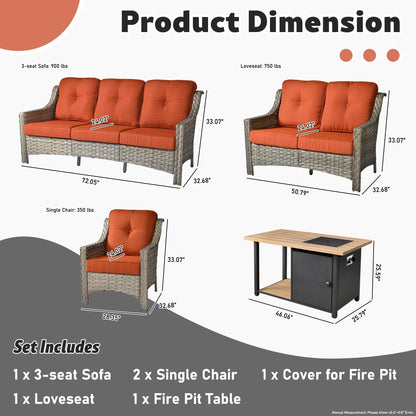XIZZI Set di 5 divani da esterno in vimini con schienale alto e braciere per mobili da giardino