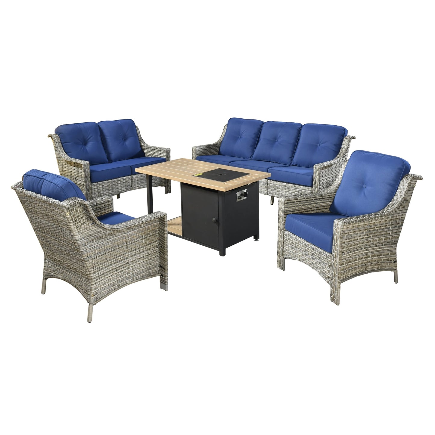 XIZZI Set di 5 divani da esterno in vimini con schienale alto e braciere per mobili da giardino