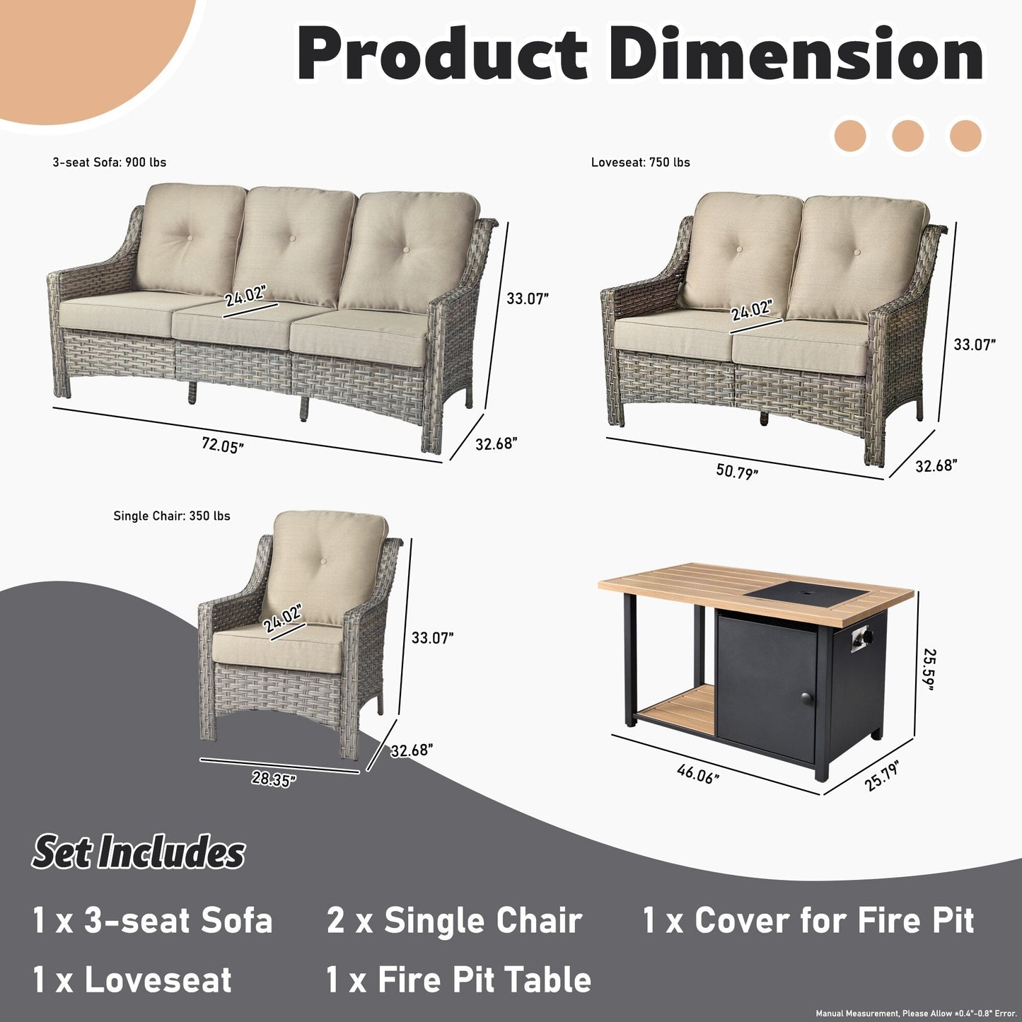XIZZI Set di 5 divani da esterno in vimini con schienale alto e braciere per mobili da giardino