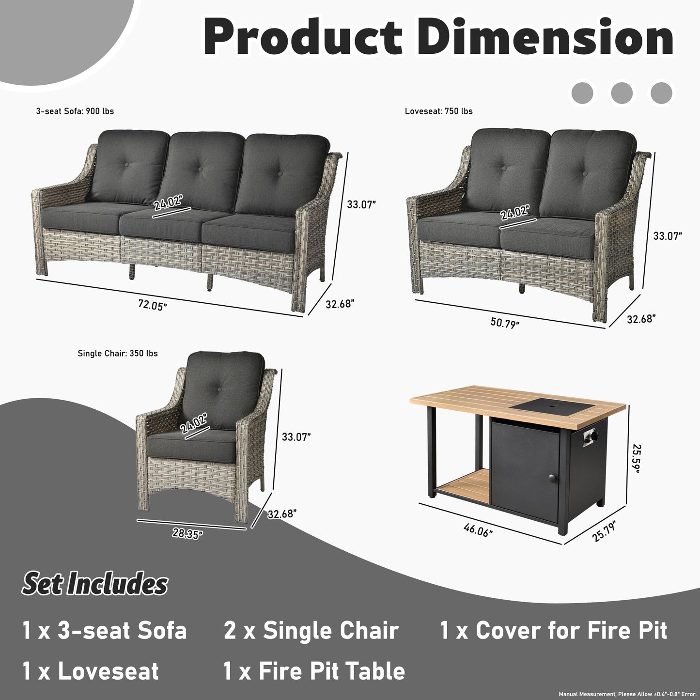 XIZZI Set di 5 divani da esterno in vimini con schienale alto e braciere per mobili da giardino