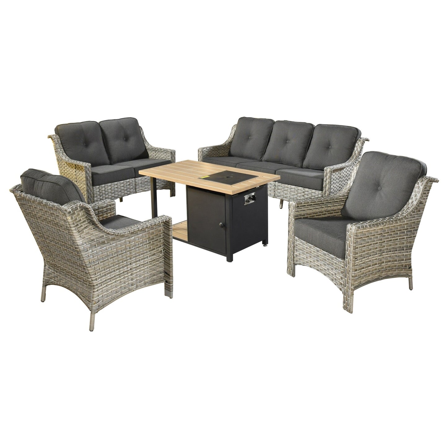 XIZZI Set di 5 divani da esterno in vimini con schienale alto e braciere per mobili da giardino