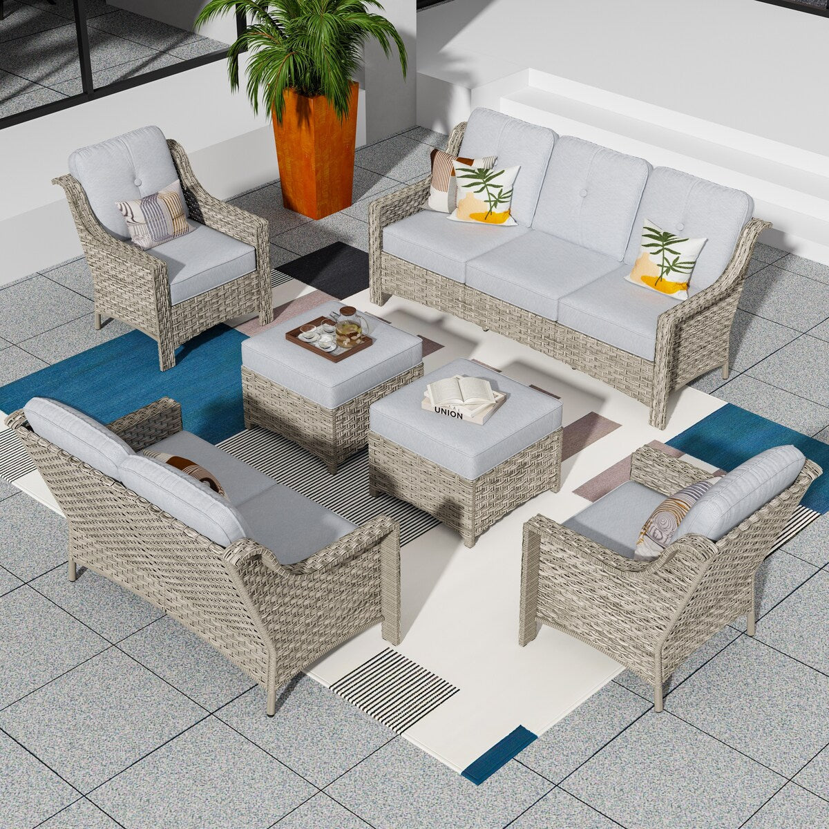 Set di divani da conversazione con seduta profonda per mobili da esterno in vimini da patio XIZZI da 6 pezzi