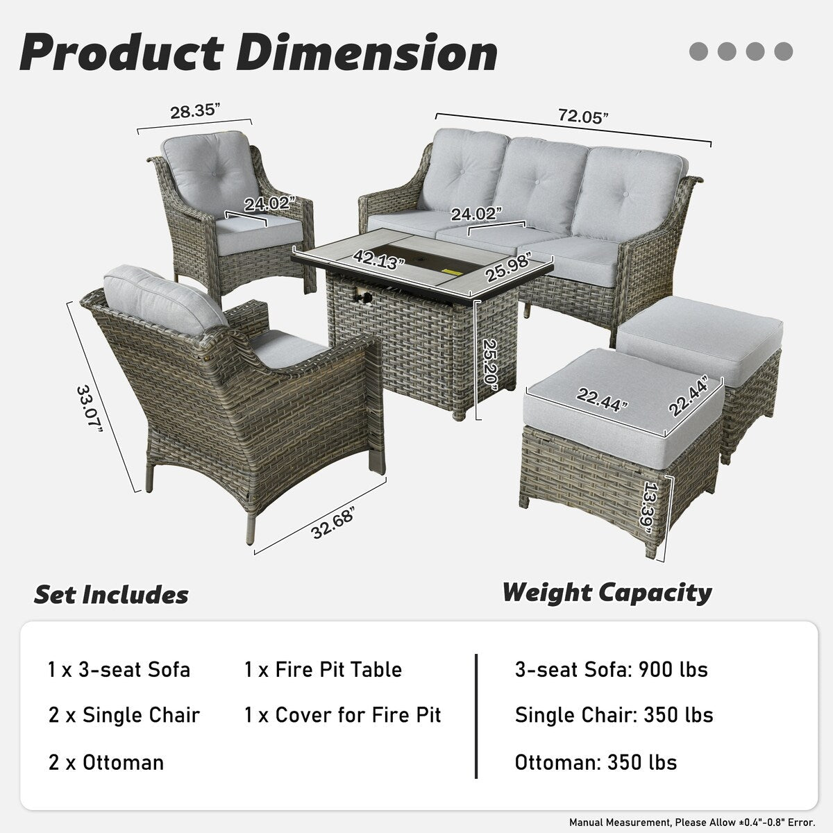 XIZZI Set di 6 divani da esterno in rattan e vimini con seduta profonda e braciere