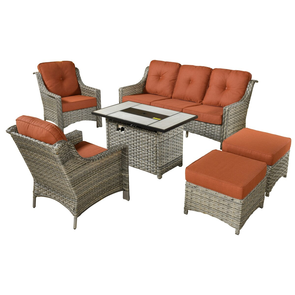 XIZZI Set di 6 divani da esterno in rattan e vimini con seduta profonda e braciere