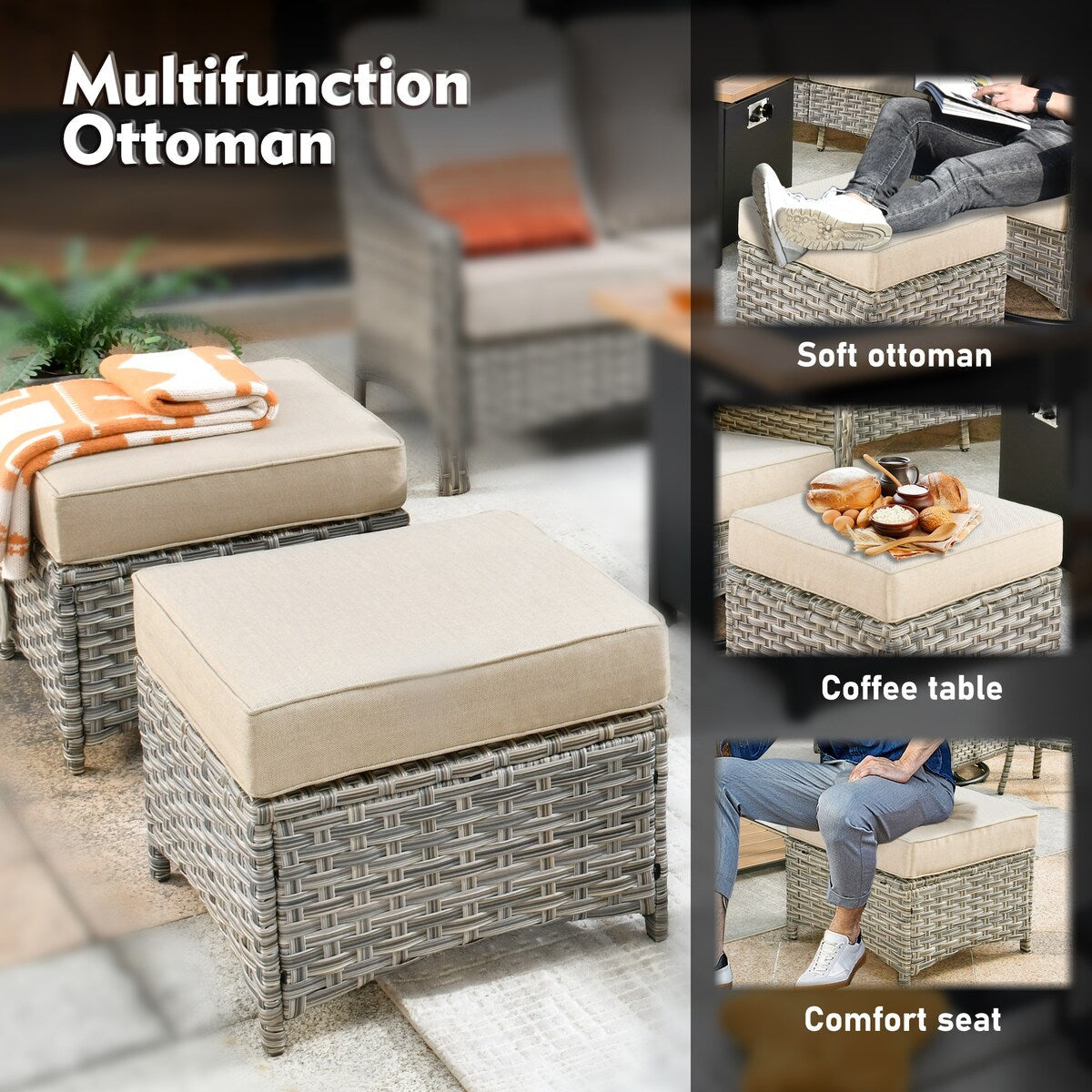 XIZZI Set di 6 divani da esterno in rattan e vimini con seduta profonda e braciere