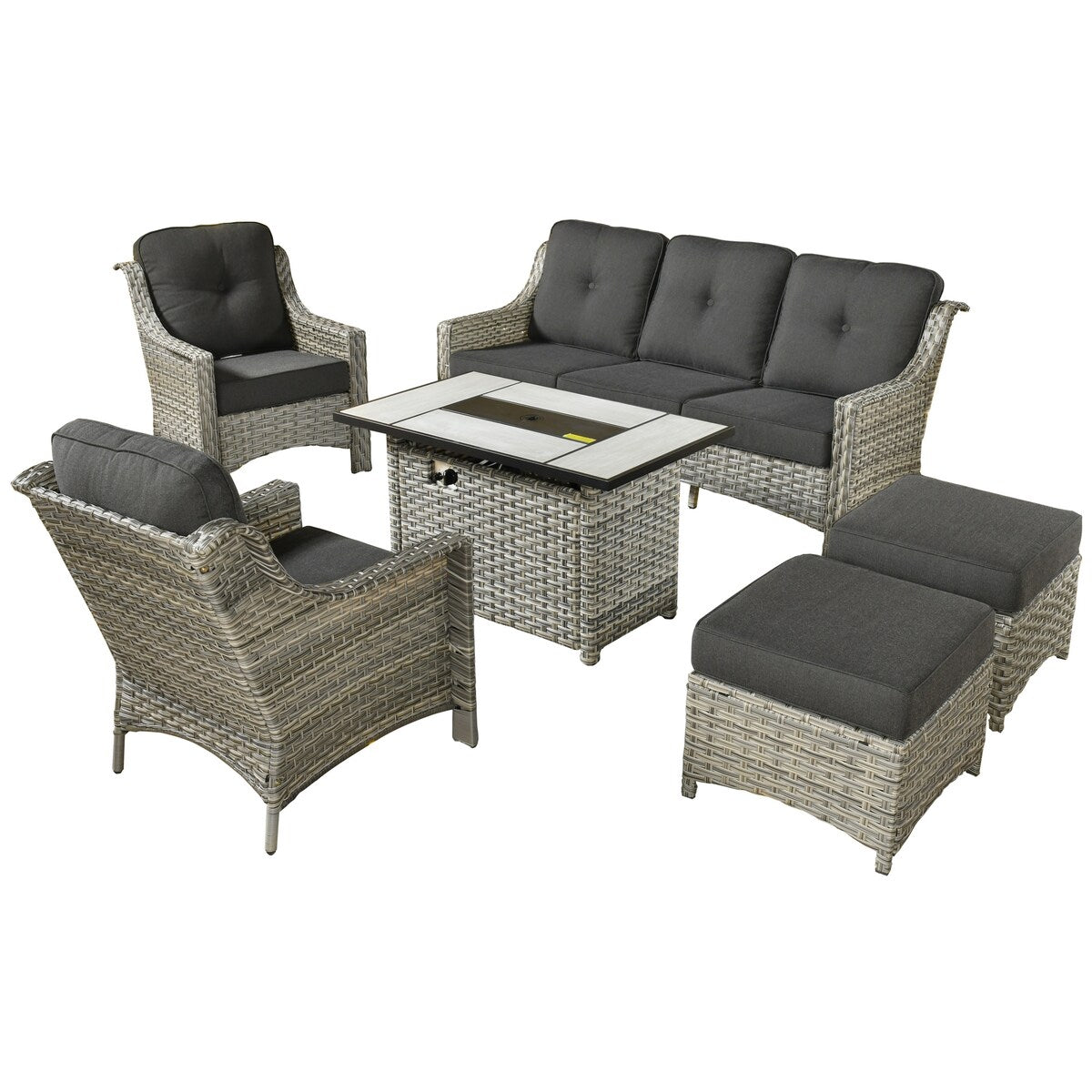 XIZZI Set di 6 divani da esterno in rattan e vimini con seduta profonda e braciere