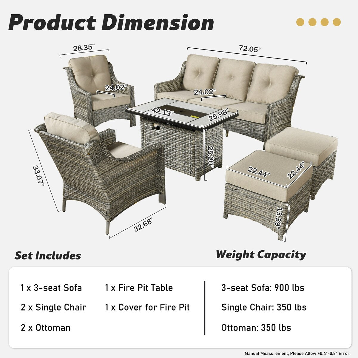 XIZZI Set di 6 divani da esterno in rattan e vimini con seduta profonda e braciere