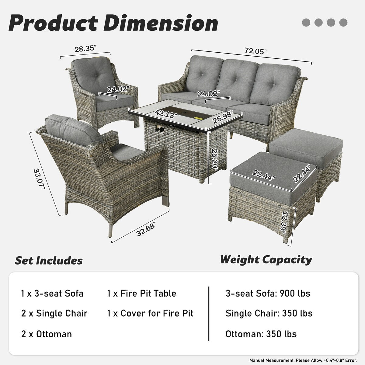XIZZI Set di 6 divani da esterno in rattan e vimini con seduta profonda e braciere