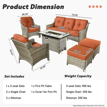XIZZI Set di 6 divani da esterno in rattan e vimini con seduta profonda e braciere