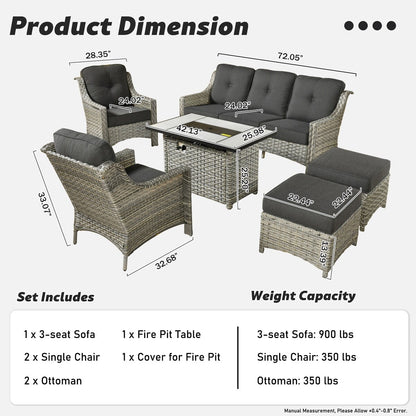 XIZZI Set di 6 divani da esterno in rattan e vimini con seduta profonda e braciere