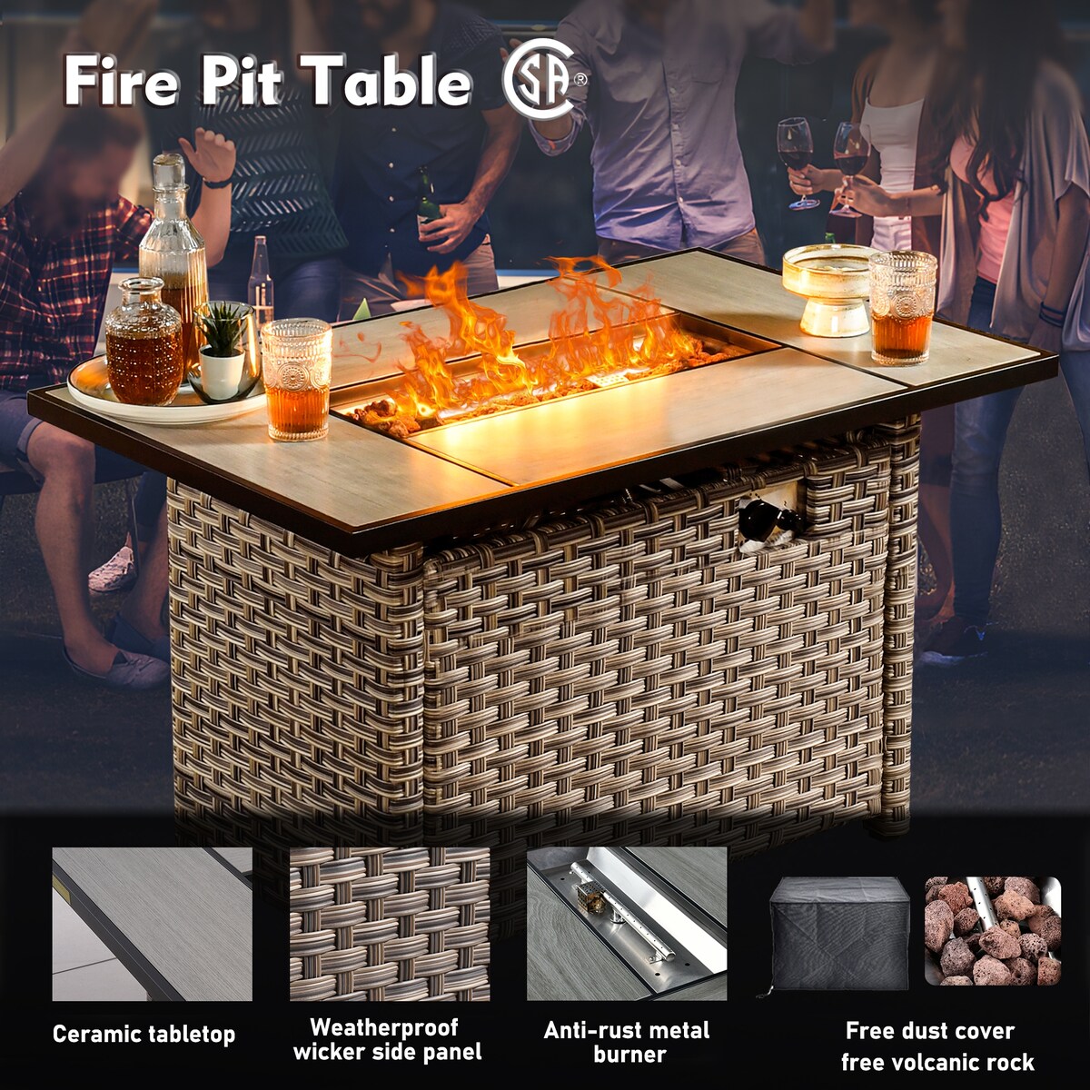 XIZZI Set di 6 divani da esterno in rattan e vimini con seduta profonda e braciere