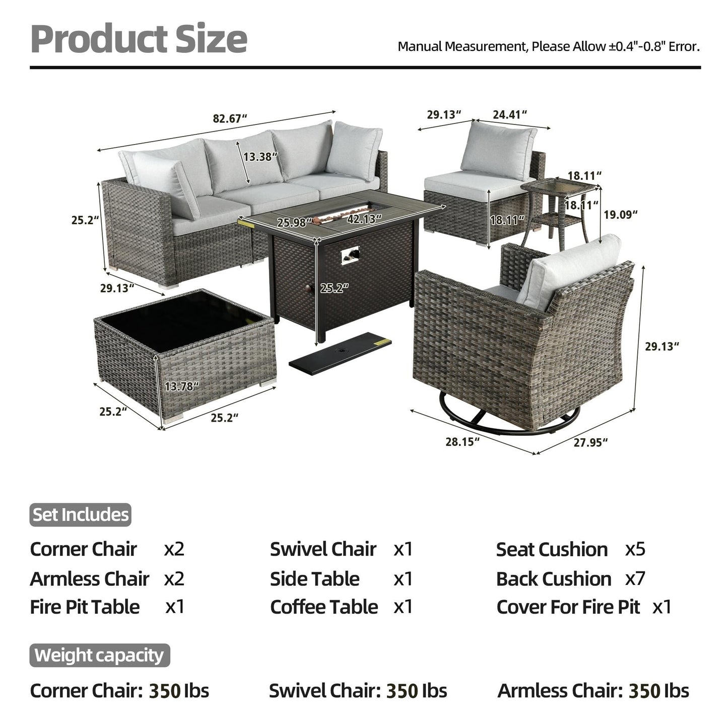 Set di 8 sedie girevoli per esterni in vimini da patio XIZZI con tavolo per braciere