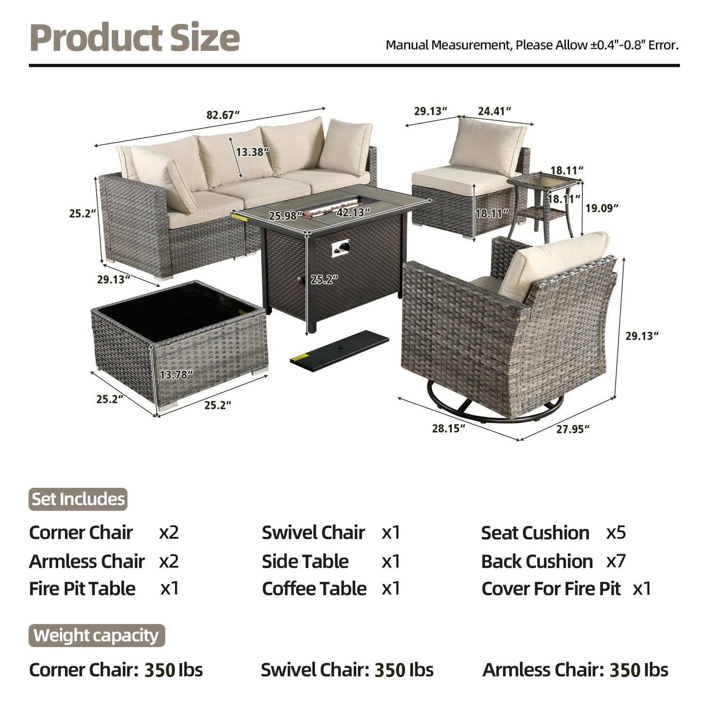 Set di 8 sedie girevoli per esterni in vimini da patio XIZZI con tavolo per braciere