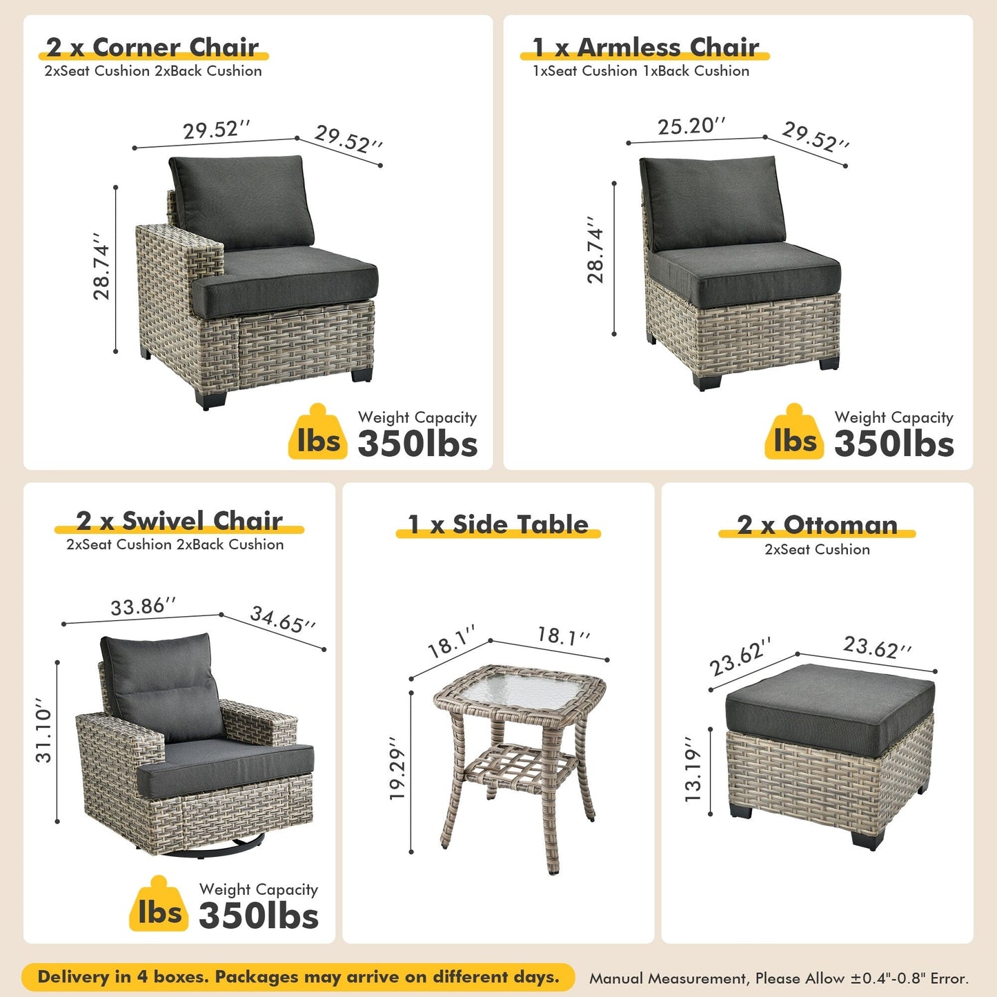 Set di mobili da giardino in vimini XIZZI da 8 pezzi con sedie girevoli