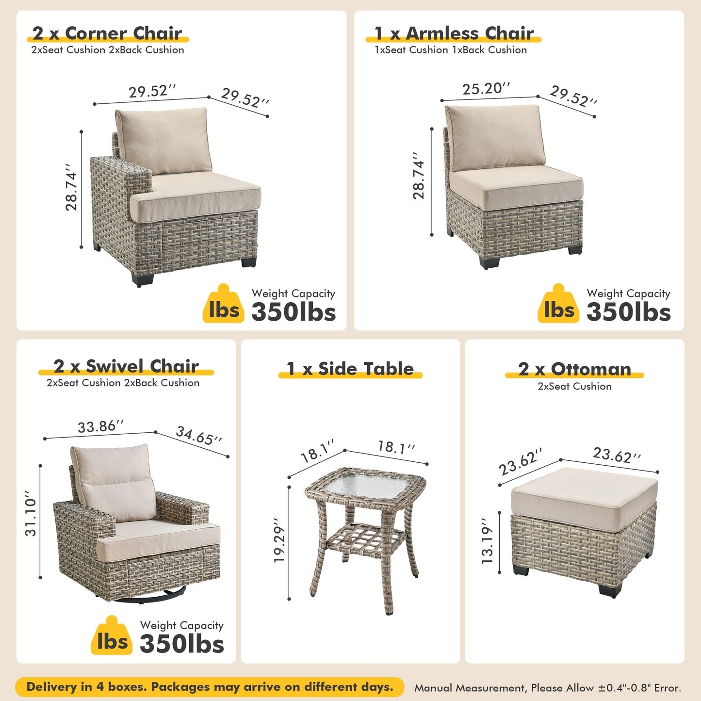 Set di mobili da giardino in vimini XIZZI da 8 pezzi con sedie girevoli