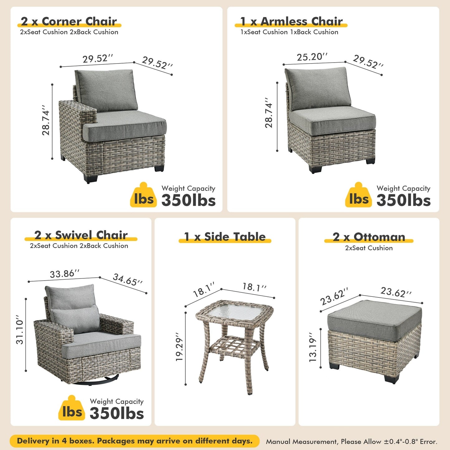 Set di mobili da giardino in vimini XIZZI da 8 pezzi con sedie girevoli