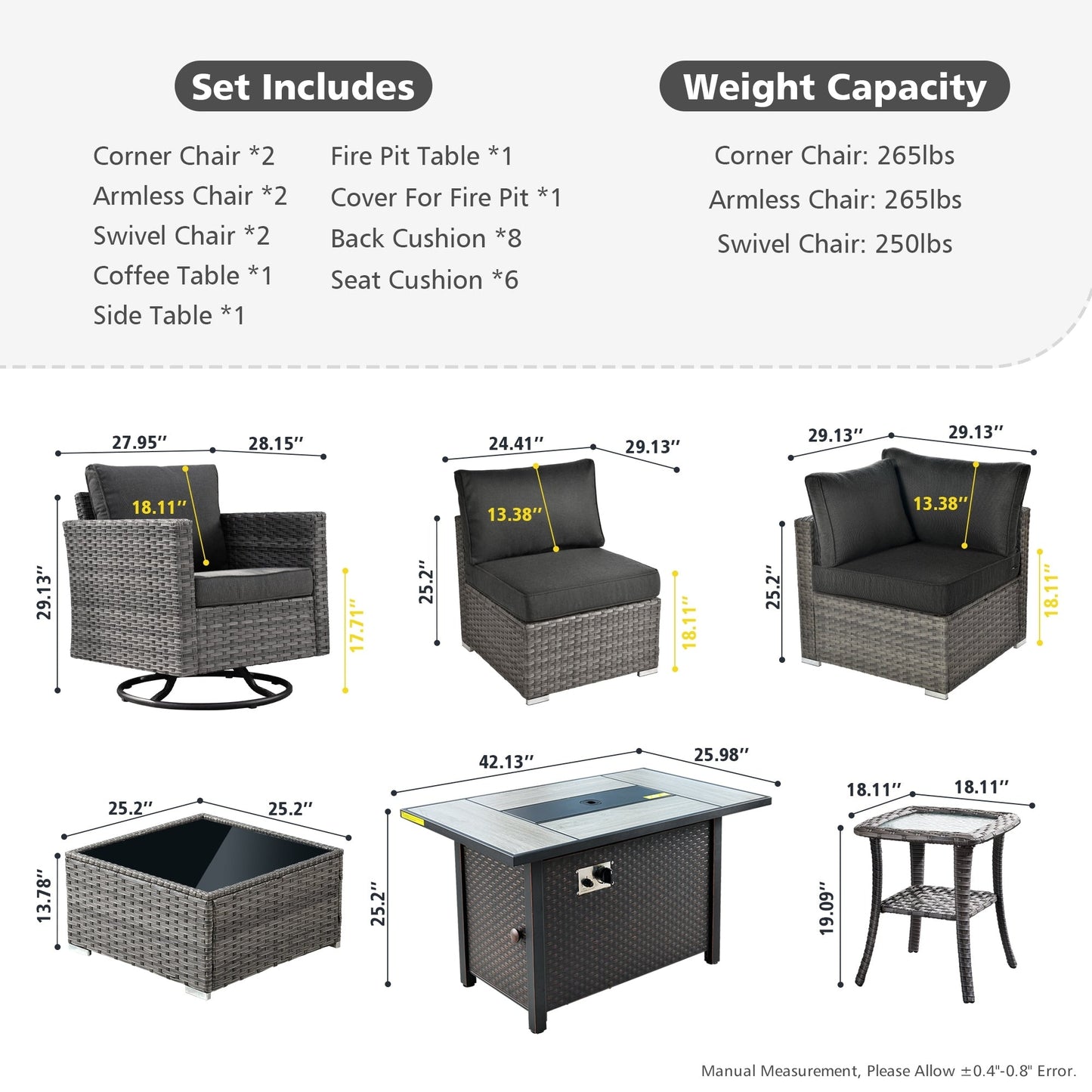 XIZZI 9 pezzi mobili da giardino in vimini sedia a dondolo girevole con tavolo braciere