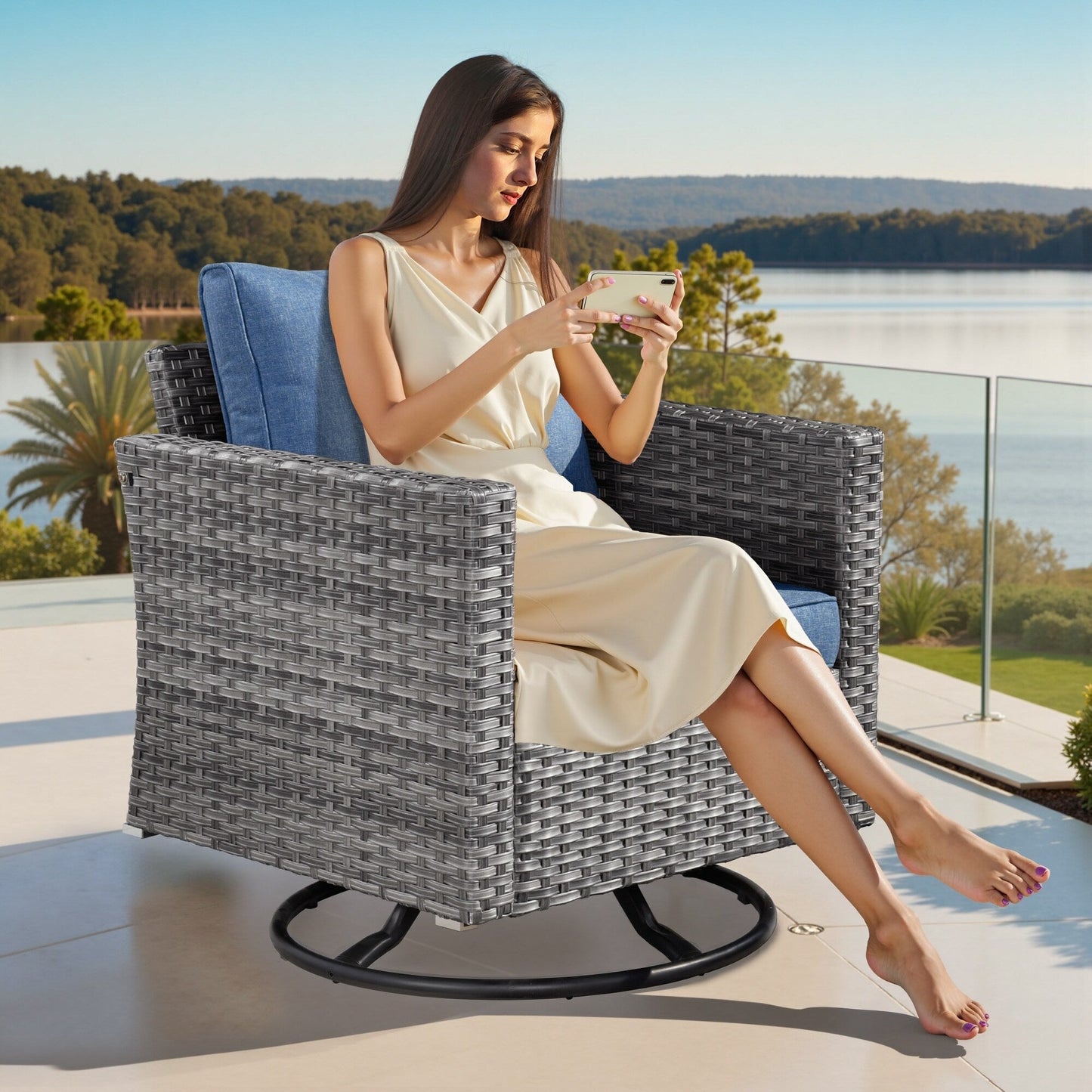 XIZZI 9 pezzi mobili da giardino in vimini sedia a dondolo girevole con tavolo braciere