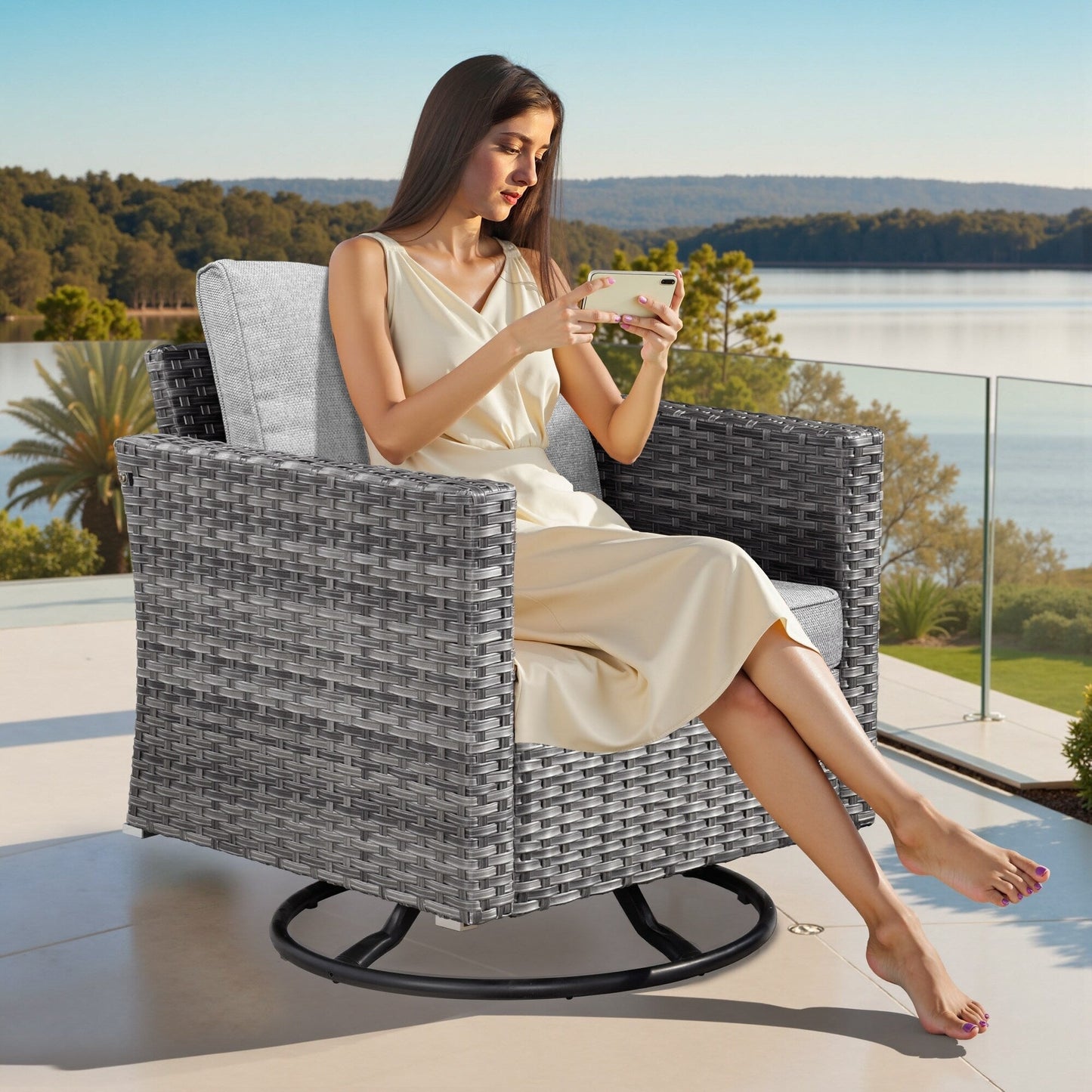 XIZZI 9 pezzi mobili da giardino in vimini sedia a dondolo girevole con tavolo braciere