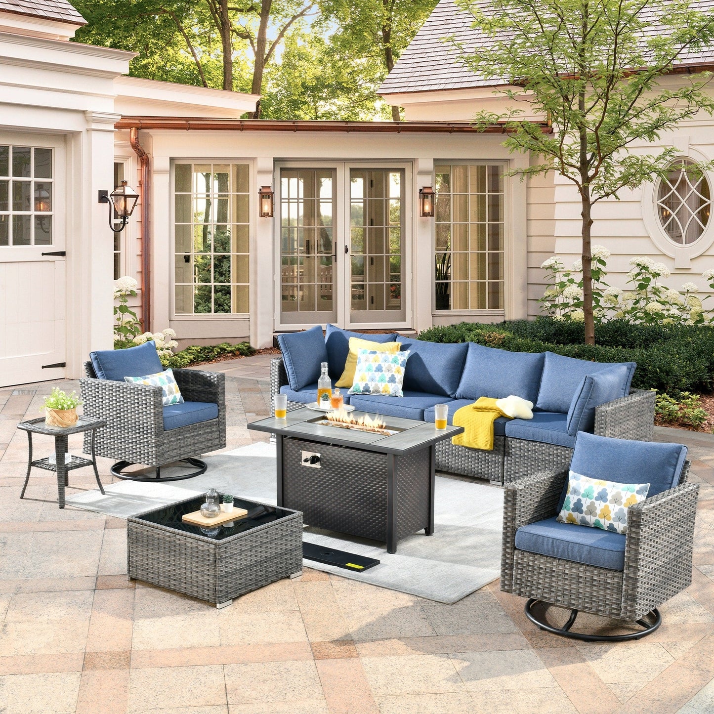 XIZZI 9 pezzi mobili da giardino in vimini sedia a dondolo girevole con tavolo braciere