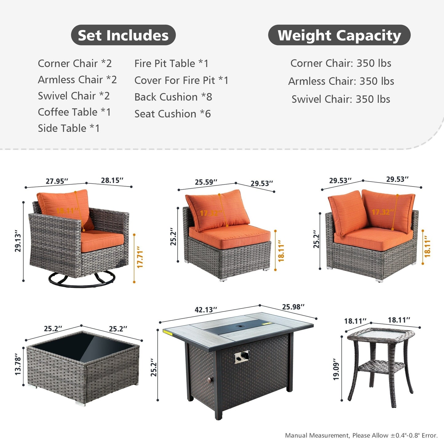 XIZZI 9 pezzi mobili da giardino in vimini sedia a dondolo girevole con tavolo braciere