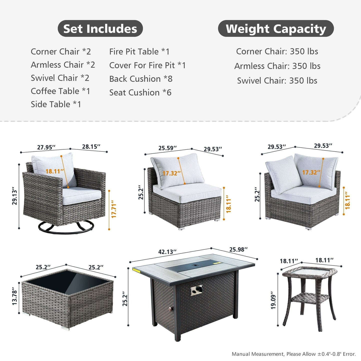 XIZZI 9 pezzi mobili da giardino in vimini sedia a dondolo girevole con tavolo braciere