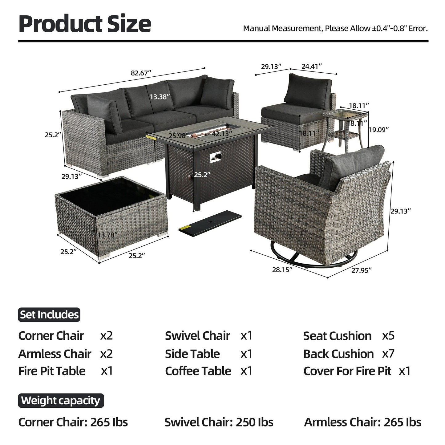 Set di 8 sedie girevoli per esterni in vimini da patio XIZZI con tavolo per braciere