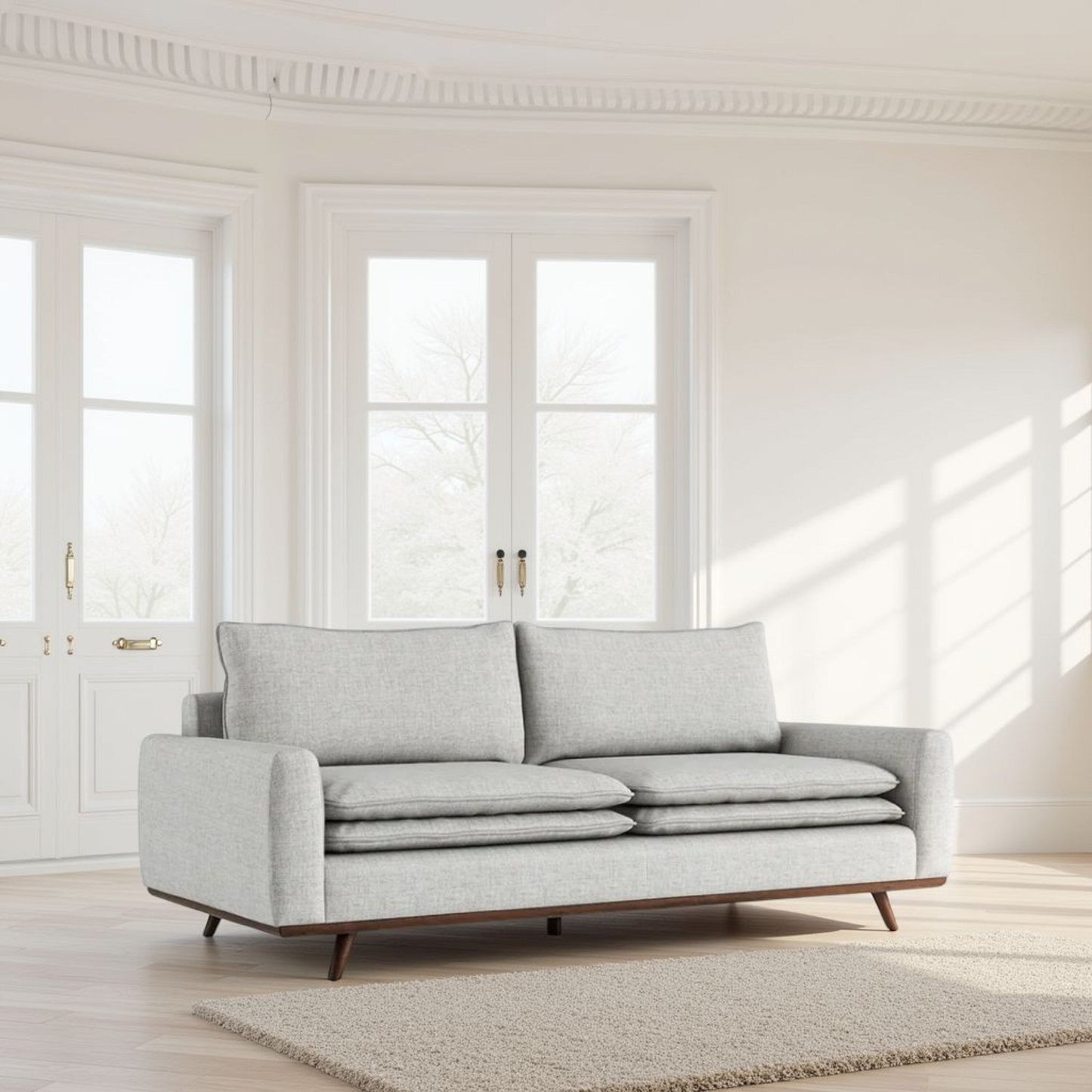 Divano Yaana con cuscini in misto piuma, legno marrone scuro, grigio, 83 pollici