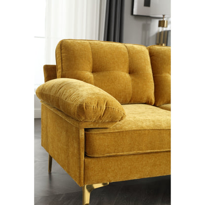 Divano a 3 posti a L giallo da 85'' in tessuto: chaise longue, struttura in legno e rinforzo del cuscino a molle