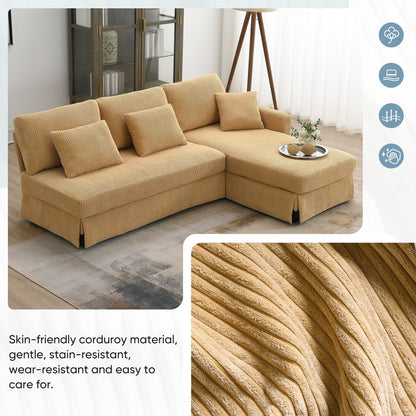 Divano a 3 posti a L giallo 87 con chaise longue reversibile e 3 cuscini, design salvaspazio per il soggiorno