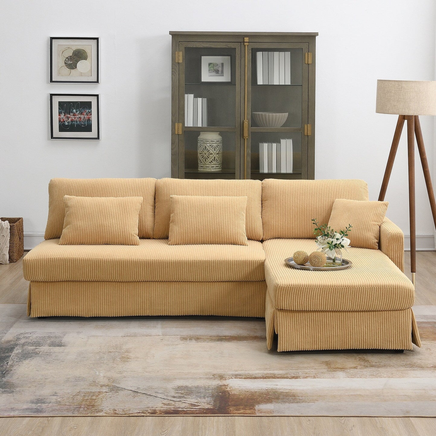 Divano a 3 posti a L giallo 87 con chaise longue reversibile e 3 cuscini, design salvaspazio per il soggiorno