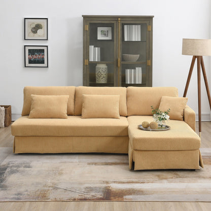 Divano a 3 posti a L giallo 87 con chaise longue reversibile e 3 cuscini, design salvaspazio per il soggiorno