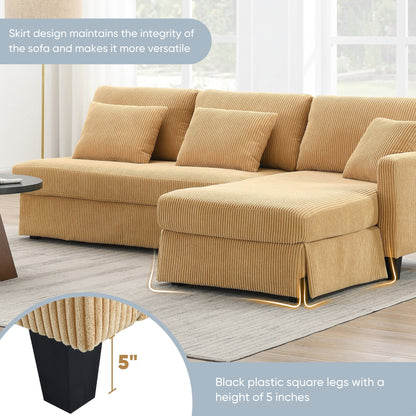 Divano a 3 posti a L giallo 87 con chaise longue reversibile e 3 cuscini, design salvaspazio per il soggiorno